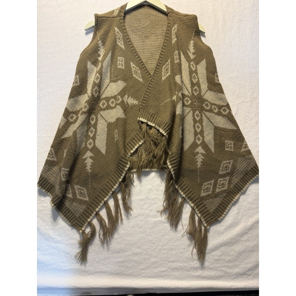 Women's Brown/Beige Geometric Fringe Poncho Sweater Lightweight Open
